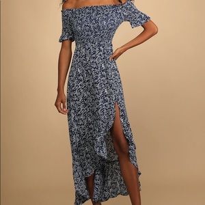 Lulus Navy Blue Floral Print Off-the-Shoulder Dress